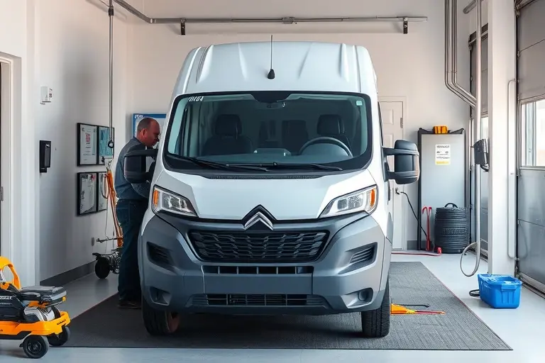 A realistic depiction of a mechanic in a service bay replacing the windshield of a Citroën ë-Jumpy electric van. The van’s front is visible with the old windshield removed and a new windshield being installed. Tools, a service mat, and a clean work area are present, emphasizing the windshield replacement process.