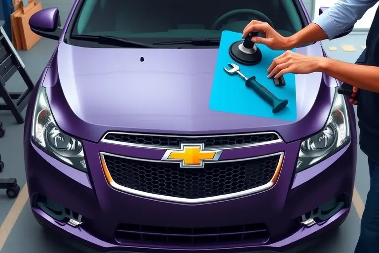 A realistic, high-resolution illustration of a mechanic replacing the front windshield of a Chevrolet Cruze 1.6 L 113 hp (2008-2016). The image shows the car's front side with the old windshield removed, a new windshield in place, a mechanic's hands holding a suction cup, a set of automotive tools, and a workbench. The focus is on the car's front, the windshield, and the tools, with a detailed, realistic style.