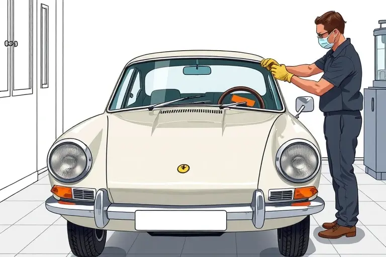 A detailed illustration of a classic Bufori CS 2.0 L R4 150 hp (1998-2003) undergoing windshield replacement. The scene shows the car positioned in a clean workshop, with the front windshield partially removed and a new glass ready to be installed. A professional mechanic in safety gear (gloves, goggles) is using appropriate tools, such as suction cups and a rubber mallet, to handle the glass. The focus is on the car's sleek, retro design and the precise work of the replacement process, with a tidy, well-lit environment and no extraneous text or logos.