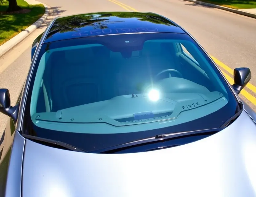 A Fisker car with a replaced windshield, showcasing the new glass. The car is parked on a clean, bright road. Focus on the clarity and quality of the replacement windshield.