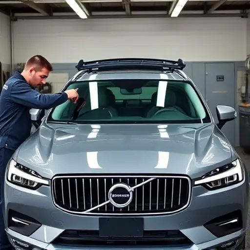 A professional mechanic in a clean garage is carefully removing and installing a new windshield on a 2021 Volvo XC60 B5 AWD 2.0 MHEV, showing the car's front view with the hood open, glass panels, suction cups, and specialized tools, realistic lighting and focus on the glass replacement process.