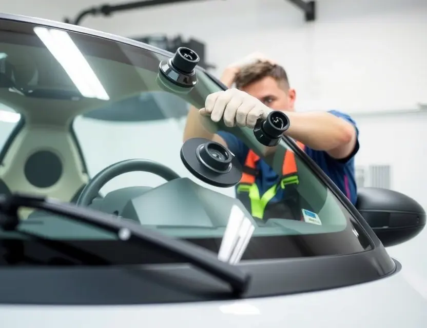 A close-up shot of a Smart car windshield being replaced by a technician. The technician is wearing a safety harness and gloves, and the windshield is being held in place by suction cups. The background is a clean, well-lit garage.