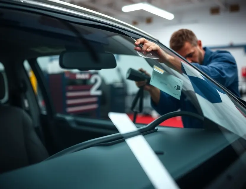 A high-quality close-up of a Checker Marathon car windshield being carefully removed or installed by a professional mechanic in a clean auto glass shop, showing the rubber seal and frame details, realistic lighting, sharp focus on the glass and tools, no people's faces visible