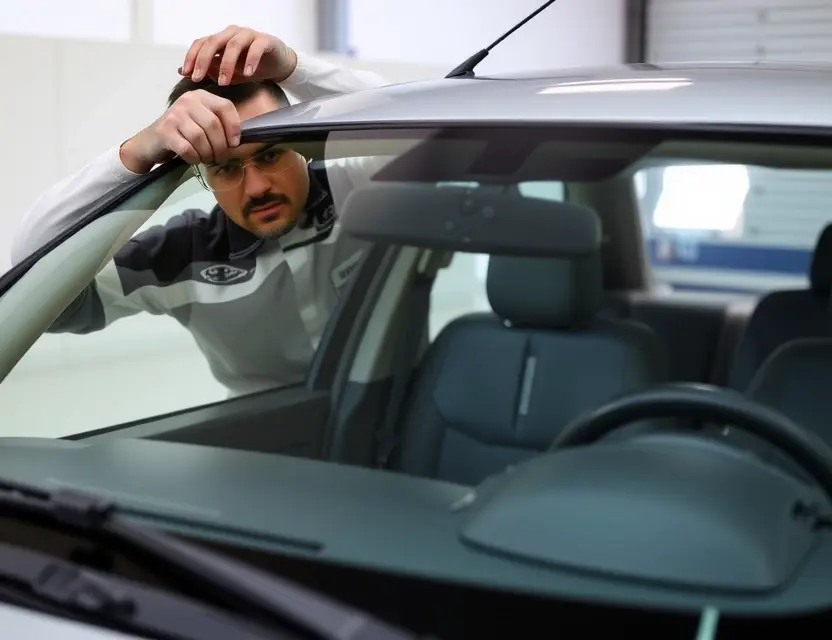 A close-up shot of a Daihatsu Cuore windshield being replaced by a mechanic. The mechanic is wearing safety glasses and gloves, and the windshield is being held in place by suction cups. The car is parked in a garage.