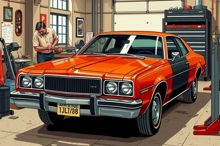 A detailed illustration of a 1970s AMC Matador with a 5.9 L V8 engine in a classic garage setting, showing a mechanic carefully removing the old windshield and installing a new one. The scene includes period-appropriate tools, a clean workshop floor, and the car's distinctive front design, emphasizing the windshield replacement process.