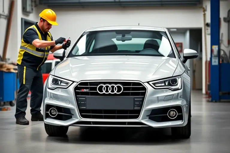A detailed, realistic scene of an Audi A1 (2010-2018) parked in a workshop with its front windshield being replaced. Show a professional mechanic in safety gear using tools to remove the old glass and install a new windshield, with the car's distinctive front design visible, and a clean, well-lit garage environment.
