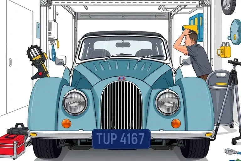 A detailed illustration of a mechanic replacing the windshield on a Morgan Plus Four 2.0 BMW Turbo 255 hp, showing the car in a garage, the old windshield being removed, the new windshield being installed, tools and safety equipment, with a focus on the car's front and the replacement process.