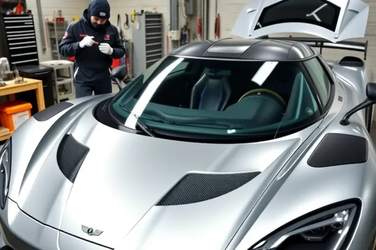 A high-resolution close-up of a Koenigsegg Agera RS 5.0 V8 Twin Turbo 116 in a garage setting, showing a mechanic in protective gear carefully removing the old windshield and installing a new one. The car’s sleek, aerodynamic body is visible with the front end and hood exposed. The scene includes tools, a workbench, and a partially opened hood. The focus is on the windshield replacement process, with the new glass being fitted into the car’s frame. Bright industrial lighting highlights the car’s metallic finish and the clear glass.