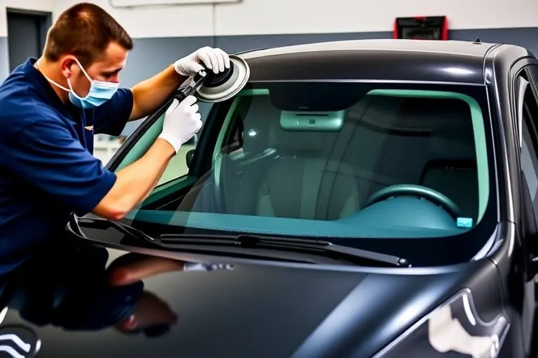A mechanic in a garage, wearing gloves and a protective mask, carefully removing the old windshield from a 2015 Soueast DX7 1.5 Turbo 156 hp. The car's hood is open, revealing the front bumper and the windshield area. The mechanic uses a suction cup tool to lift the old glass, which is shown partially detached. A new, clear windshield is positioned on the car, with the mechanic's hands applying adhesive and aligning the glass. The scene captures the detailed process of windshield replacement, highlighting the car's front profile, the tools, and the mechanic's focused work. No text, logos, or other vehicles are present.