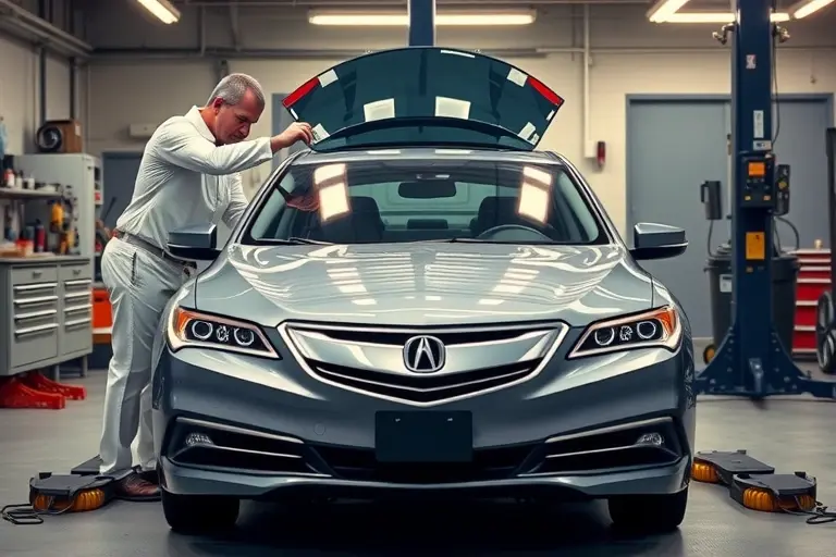A professional auto repair garage scene showing an Acura RLX (2014-2020) with its front windshield being removed and a new windshield being installed. The car is positioned centrally, with a technician in a clean uniform using suction cups and tools to carefully lift the old glass. The background includes organized equipment, a service lift, and a well-lit environment, emphasizing the precision of the windshield replacement process.