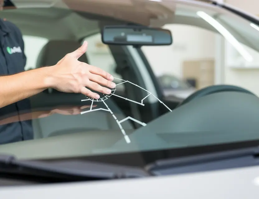 A car windshield replacement service offered by Chenard et Walcker. The image should depict a car with a cracked windshield being replaced by a technician. Focus on the replacement process and the professional setting.