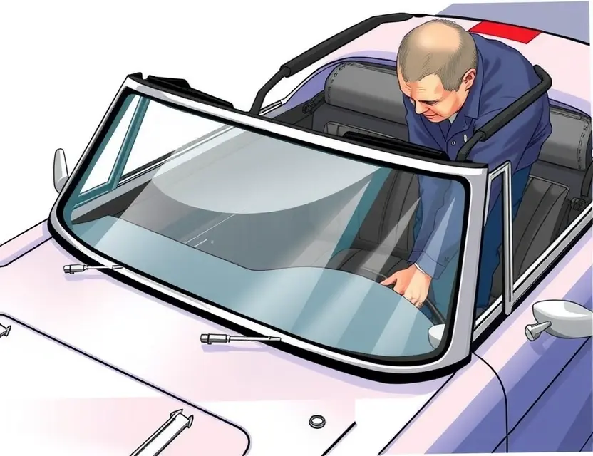 A detailed illustration of an Austin-Healey 3000 M with a replaced windshield. The windshield is clear and new, seamlessly integrated with the car's design. Show the process of windshield replacement, with a mechanic working on the car. Focus on the car's classic British sports car aesthetic.