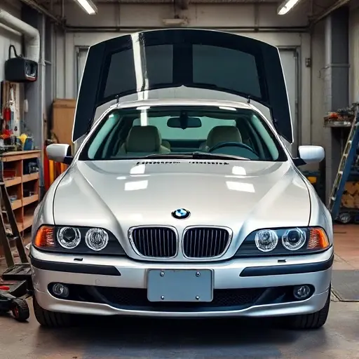 A mechanic in a garage setting is replacing the windshield of a BMW 5er E39 3.0 L 231 hp (2000-2003). The image shows the car’s front profile with the old windshield removed and the new one being installed. Tools and a workbench are visible, and realistic lighting highlights the car’s details. No text, letters, or digits are present.