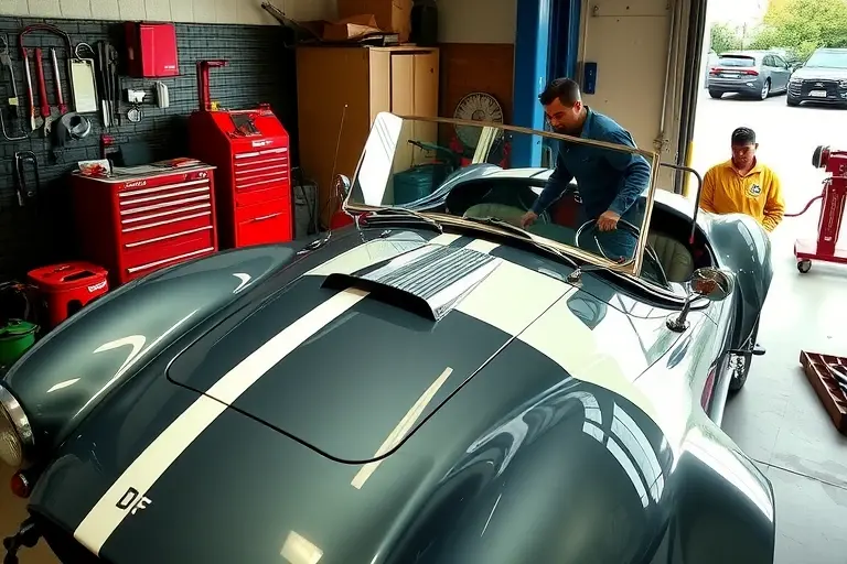 A classic AC Cobra MkIV 5.0 V8 from the early 1980s parked in a workshop, with a mechanic carefully removing the old windshield and installing a new one. The scene highlights the sleek body of the car, the glass panels, and a set of automotive tools, rendered in realistic high detail.