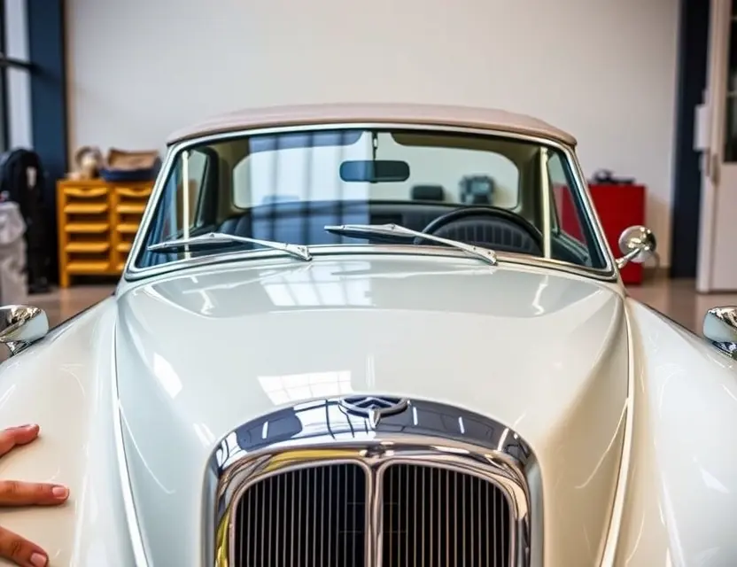 A high-quality image depicting a Hispano Suiza Carmen with a replaced windshield. The car should be in a showroom setting, well-lit, showcasing the new windshield. Focus on the details of the car and the replacement process.