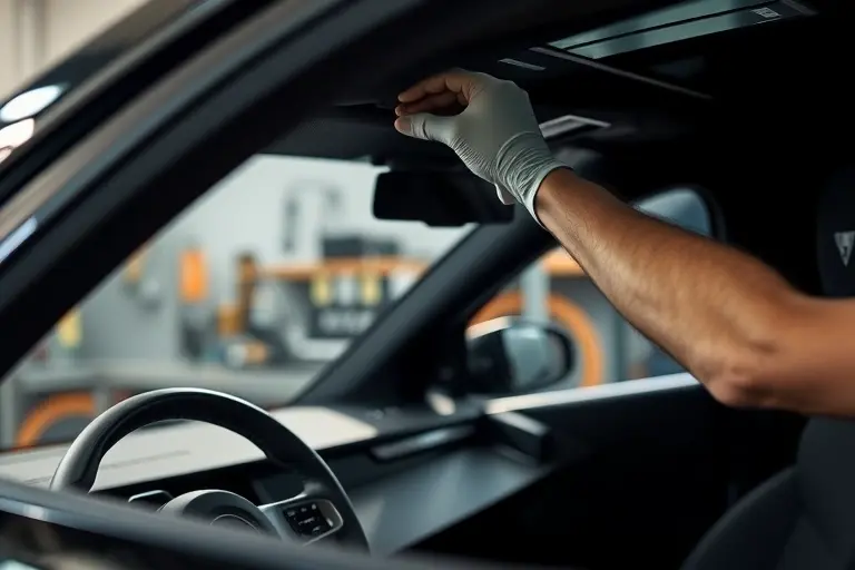 A detailed close-up of a mechanic replacing the windshield on a Nevo A07 EREV 1.5T electric vehicle, with the electric motor visible in the background, showcasing the car's interior and the replacement process