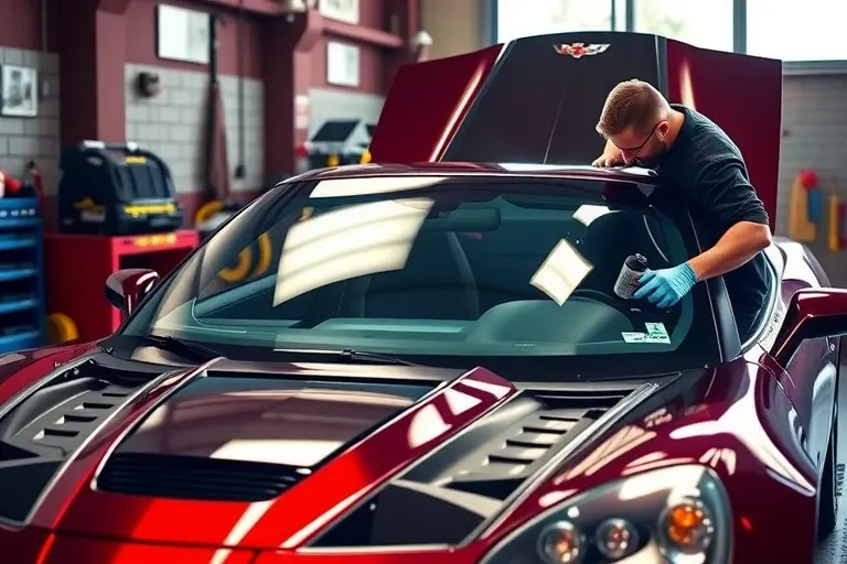 A detailed, realistic depiction of a mechanic replacing the windshield of a Chevrolet Corvette C6 ZR1 6.2 V8 Supercar in a garage setting. The scene shows the car's hood open, the old windshield removed, a new windshield being installed, with the mechanic wearing gloves and a protective mask. The focus is on the windshield area, with the Corvette's distinctive body and the garage tools visible.