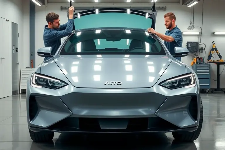 A sleek AITO M5 hybrid electric vehicle in a clean garage, with a professional mechanic carefully removing the front windshield and preparing to install a new glass panel, showing the car's elegant lines, the glass in mid‑air, and a well‑organized set of tools on a workbench under realistic lighting