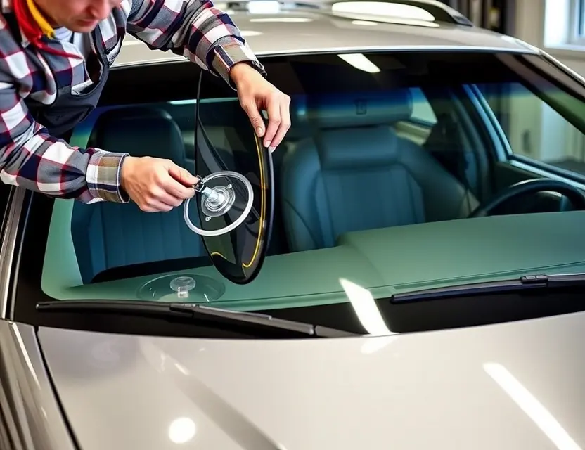 A detailed image of a Mercury Grand Marquis car with a focus on the windshield replacement process. Show a professional technician carefully removing the old windshield and preparing to install a new one. Include tools like a windshield removal tool, suction cups, and a new windshield ready for installation. The car should be in a well-lit garage or service bay.