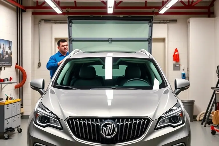A professional mechanic in a clean garage replacing the windshield of a 2016-2020 Buick Envision 2.0T with 260 hp. The vehicle is positioned centrally, with the old windshield partially removed and a new glass panel being installed. Tools such as suction cups, a windshield removal tool, and a protective film are visible. The scene is realistic, well-lit, and focuses on the detailed process of windshield replacement without any text or logos.