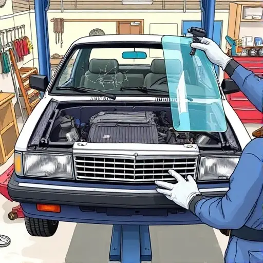 A detailed illustration of a mechanic replacing the windshield of an Austin Montego 2.0 L R4 150 hp from the late 1980s to 2019. The scene shows the car's front end on a lift, the old cracked windshield removed, a new clear glass panel being fitted, with tools such as a suction cup, a sealant gun, and a glass cutter visible. The background is a workshop with a workbench, a car jack, and a toolbox. The focus is on the car's front, the windshield area, and the mechanic's hands in gloves, no faces or identifying features.