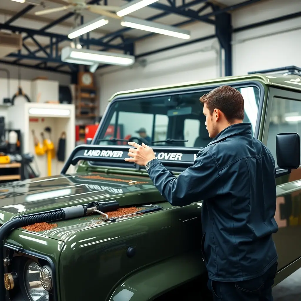 A professional mechanic in a clean workshop replacing a windshield on a Land Rover Defender 90, high quality, detailed tools, realistic lighting