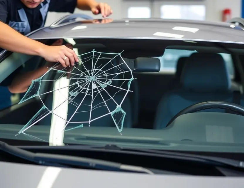 A Brilliance V3 car with a cracked windshield undergoing a windshield replacement. The replacement windshield is being installed by a mechanic. Focus on the car and the replacement process.