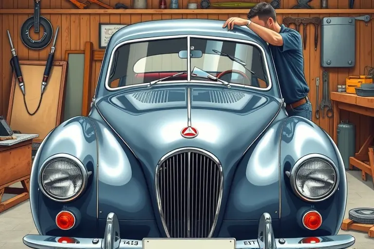 A detailed illustration of a mechanic replacing the windshield on a classic Tatra 87 2.5 V8 75 hp car from the 1936-1950 era. The scene shows the car's front end, the old cracked windshield removed, the new glass being fitted, with tools and a workbench in a vintage garage setting. The focus is on the car's distinctive aerodynamic shape, the glass panels, and the hands of the mechanic. The background is a period-appropriate workshop with wooden panels and period tools.