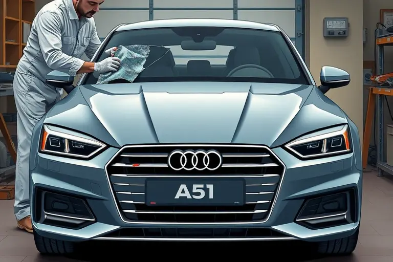 A detailed, realistic illustration of an Audi A5 (B9 generation, 2016‑present) parked in a workshop with its front windshield being removed. Show a professional mechanic wearing a clean uniform and gloves, using appropriate tools such as suction cups and a windshield removal tool. The focus is on the car's front end, highlighting the cracked or partially removed windshield, the surrounding body panels, and the workshop environment with subtle lighting. No text or branding should appear in the image.