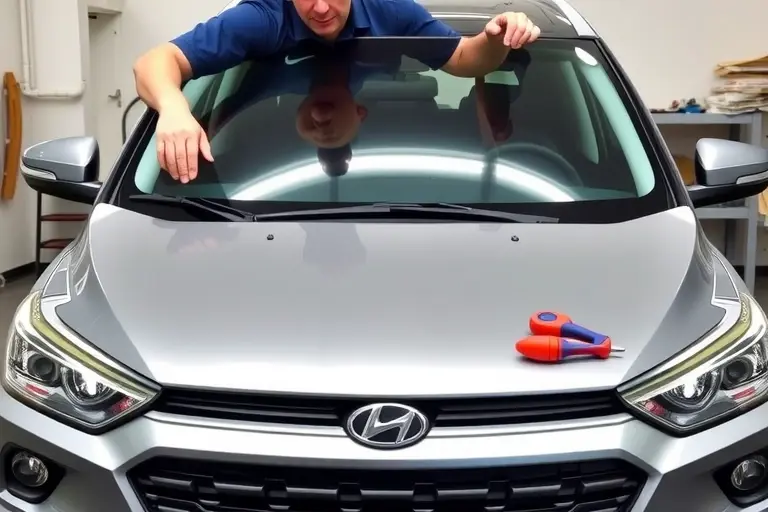 A mechanic replacing the windshield on a 2022 SsangYong Torres 1.5 Turbo 170 hp, showing the car's front, the new glass panel, and the tools used, with a clear view of the car's body and the replacement process.