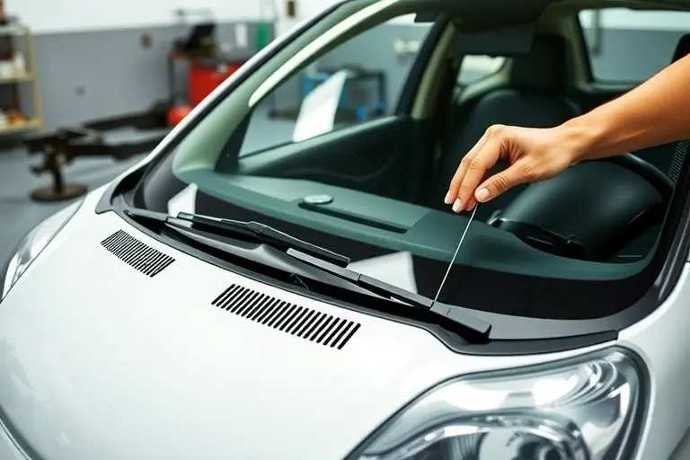 A detailed close-up of a mechanic replacing the windshield on a Citroën C1 1.0 L 68 hp (2005–2015) in a workshop. The scene shows the car's front end, the old cracked windshield removed, the new clear glass being fitted, with tools and a protective cover. The background is a clean garage with a workbench and a Citroën C1 chassis visible. The focus is on the precision of the replacement process, highlighting the clear glass and the mechanic's hands.