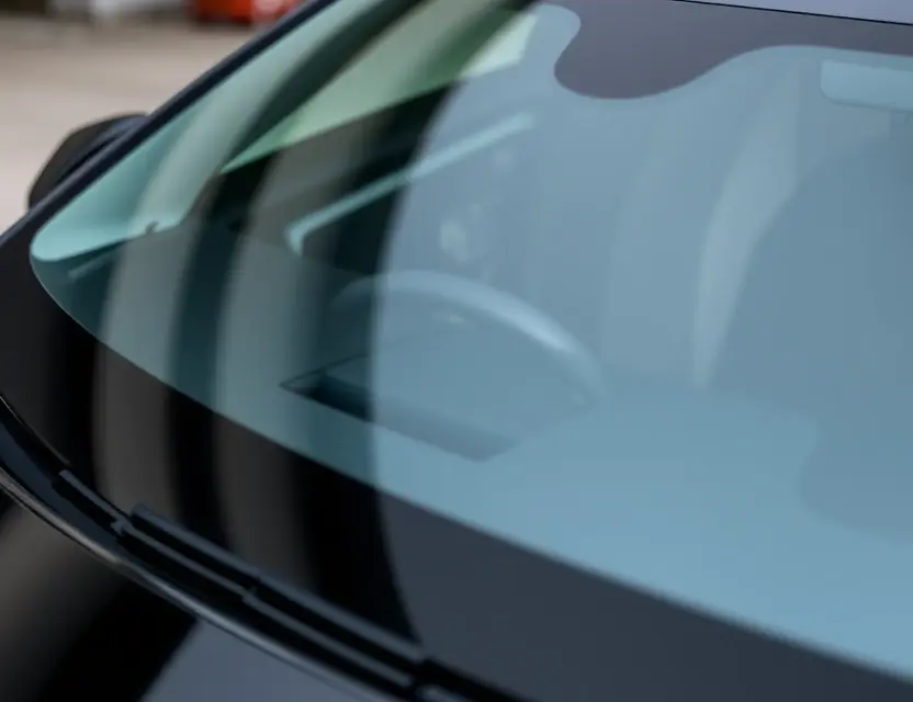 A close-up shot of a Faraday Future FF 91 with a replaced windshield, showcasing the new glass and the surrounding vehicle details. The focus should be on the seamless integration of the replacement windshield.