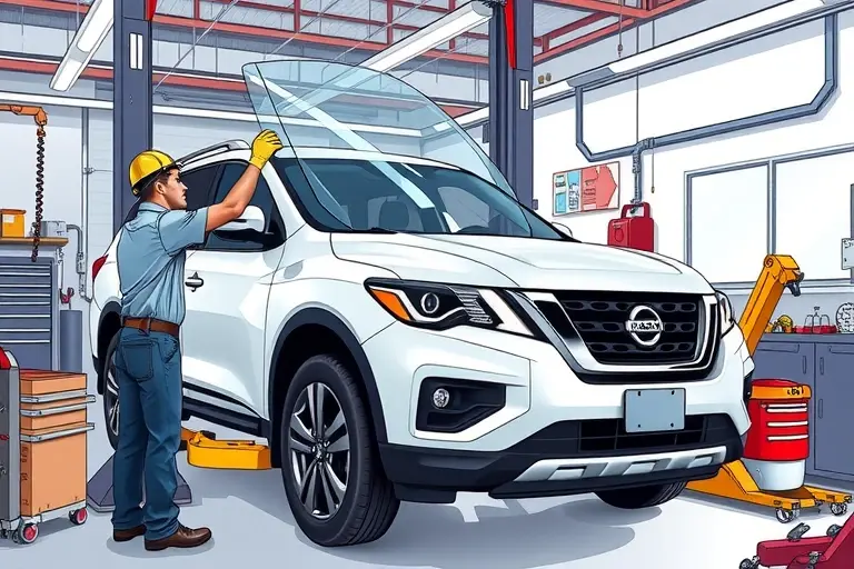 A realistic illustration of a mechanic replacing the windshield of a 2021 Nissan Pathfinder 3.5 V6 284 hp in a garage. The vehicle is on a lift, the old windshield is removed, and a new clear glass panel is being fitted. Tools, safety gear, and garage equipment are visible in a clean, well-lit setting. No text or lettering in the image.