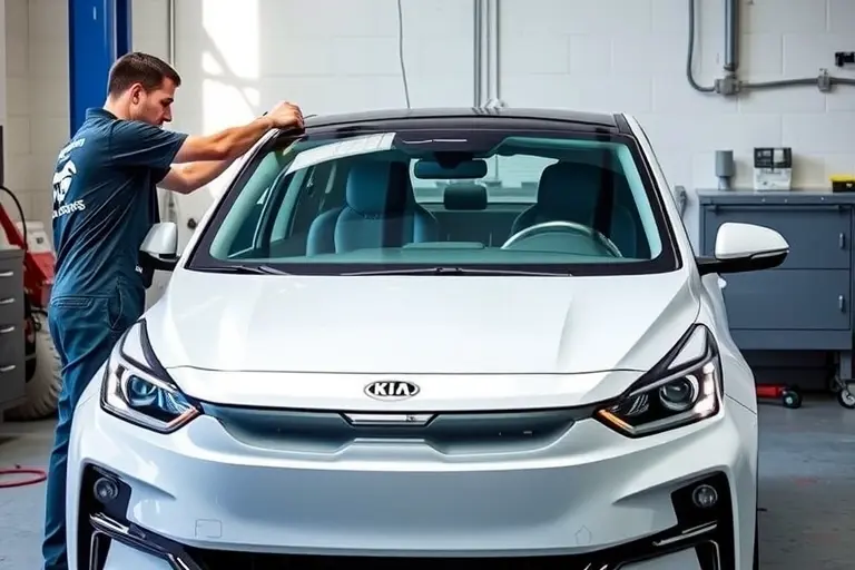 A mechanic in a garage replacing the windshield of a Kia EV6 electric car, with the car's front side visible, the windshield being removed and a new one being installed, tools and a clean workspace, no text or logos