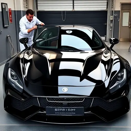 A high-end luxury sports car, the Brabus 900 with a 6.3 L V12 biturbo engine (2020 model), parked in a modern garage. A professional mechanic in clean workwear is carefully removing the old windshield and holding a new, sleek windshield ready for installation. The scene emphasizes the glossy bodywork, the distinctive Brabus styling cues, and the precision of the windshield replacement process, with bright, natural lighting highlighting the car’s details. No text, logos, or distracting background elements.