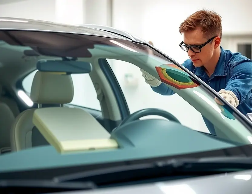 A high-quality image depicting a car windshield being replaced by a technician. The car is a modern sedan, and the technician is wearing safety glasses and gloves. The replacement process is shown in detail, with the old windshield being removed and the new one being installed. The background should be a clean, well-lit garage or workshop.