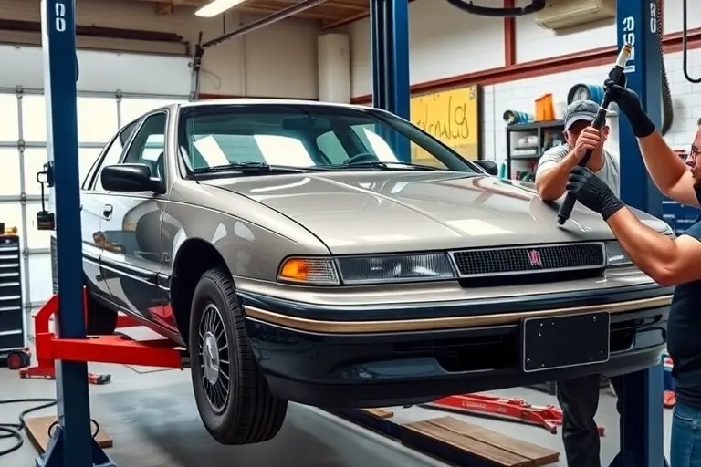 A detailed workshop scene showing a mechanic replacing the windshield of a 1994 Oldsmobile Aurora 4.0 V8 250 hp. The car is positioned on a lift, the old glass is removed, and a new windshield is being installed with proper alignment. Tools such as a suction cup, a windshield removal kit, and a sealant dispenser are visible. The background shows a garage environment with a workbench, a car jack, and a toolbox. The lighting is bright and focused on the car. No text or lettering should be present.