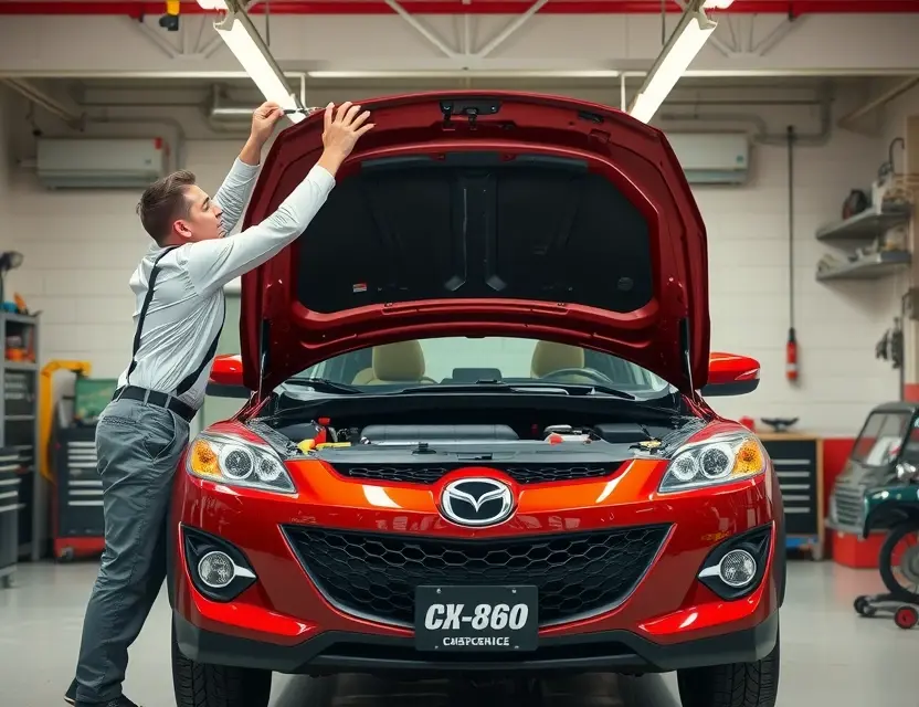 A professional mechanic replacing the windshield of a Mazda CX-60 in a well-lit garage. The mechanic is using specialized tools to carefully remove the old windshield and install the new one. The Mazda CX-60 is parked in the center of the image, with the hood open to show the engine. The garage is clean and organized, with various automotive tools and equipment in the background.