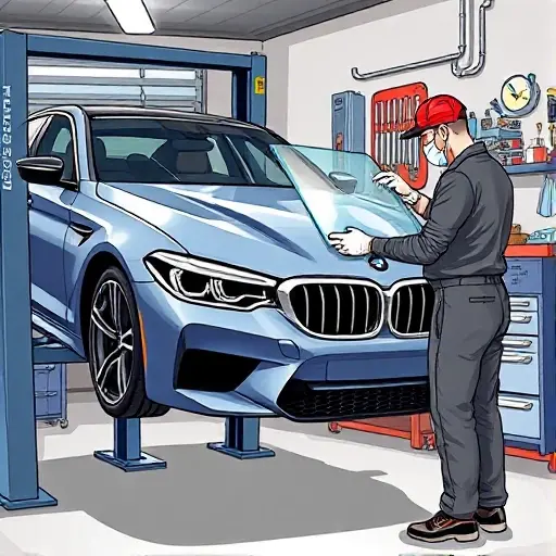 A detailed, realistic illustration of a mechanic replacing the windshield on a BMW M5 G30 4.4 V8 635 hp (2018–2023). The scene shows the car partially lifted on a hydraulic lift, the old windshield removed, a new clear glass panel being fitted, and the mechanic using specialized tools such as a suction cup, a sealant dispenser, and a pressure gauge. The background includes a garage setting with a workbench, a toolbox, and a safety mask on the mechanic’s head. The focus is on the precision of the replacement process, the clarity of the new glass, and the sleek design of the BMW M5. No text or lettering should appear in the image.
