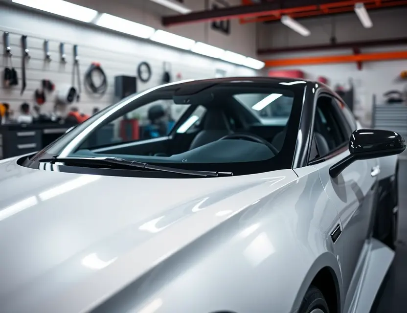 A modern electric car, Aion Hyper SSR, with a newly installed windshield, clean and glossy surface, reflecting ambient light, parked in a well-lit automotive service center with professional tools in the background, no people, no text, no logos