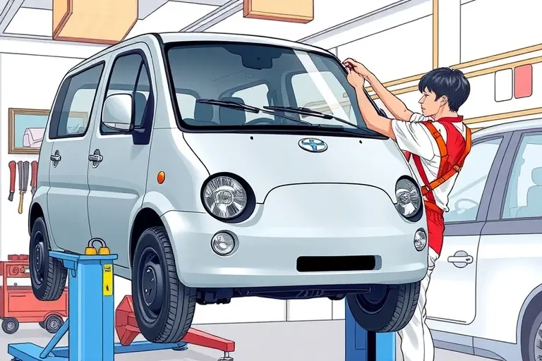 A detailed illustration of a mechanic replacing the windshield of a Moskvich 3e electric car (68 hp, 2022 model) in a garage setting. The car is on a hydraulic lift, the old windshield is being removed and a new one is being installed. The scene shows tools, a safety harness, and a clean, well-lit workspace. No text or labels should appear in the image.