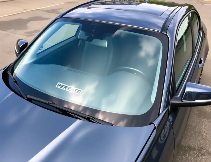 A high-quality image depicting a BMW 1er (F20) with a replaced windshield. The windshield is clear and new, seamlessly integrated with the existing frame. The car is parked outdoors on a clean, paved surface. Focus on the detail of the windshield replacement and the overall aesthetic of the car.