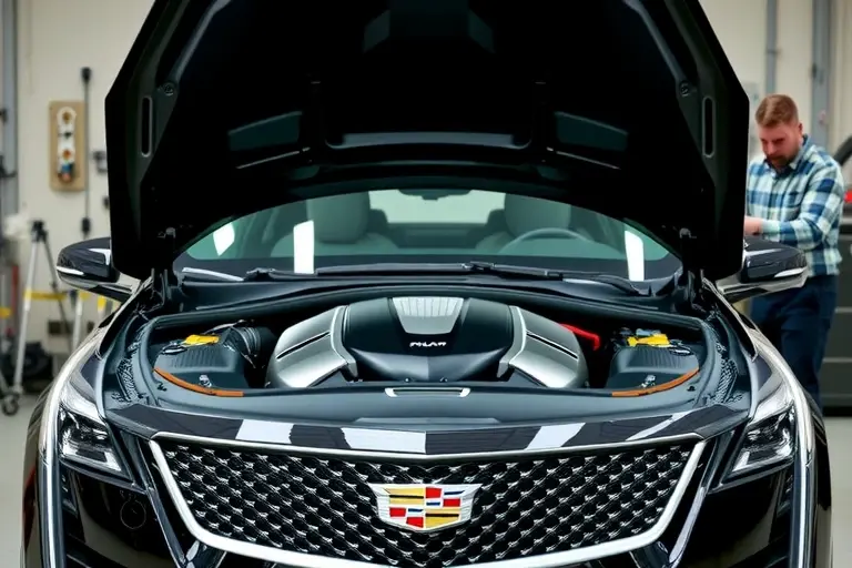 A professional automotive workshop scene featuring a Cadillac CT5 V Blackwing. The car is stationary with the hood open, revealing the powerful 6.2 V8 Supercharged engine. A mechanic is carefully removing the old windshield glass. The interior is visible through the empty windshield frame. The lighting is bright and clean, highlighting the sleek black paint of the car and the metallic components of the engine.