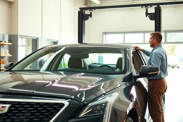 A professional mechanic in a modern workshop replacing a windshield on a Cadillac CT4, the car is partially disassembled with the old glass removed, bright and clean environment, high detail