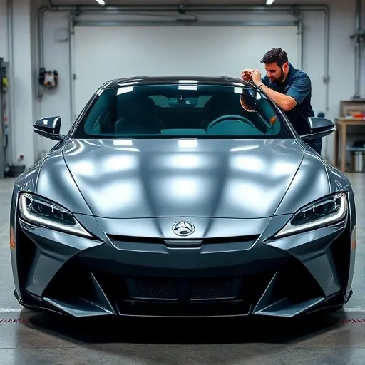 A sleek high-performance luxury sedan with a freshly installed windshield, shown from the front in a modern garage. A professional mechanic is gently adjusting the glass, highlighting the car's aggressive front grille and aerodynamic lines under bright lighting that emphasizes the new glass.