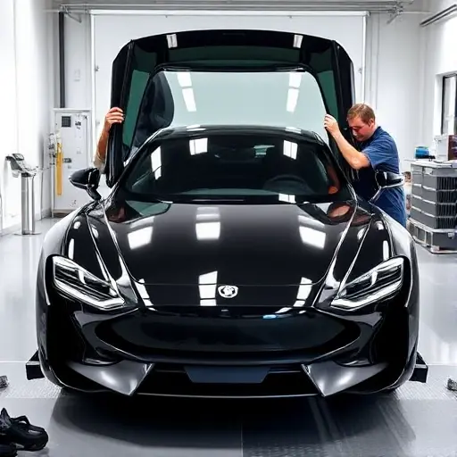 A modern electric sports sedan resembling the XPeng P7i in a bright garage, with a technician carefully removing the old windshield and holding a new, sleek windshield ready for installation. The scene shows the car on a lift, tools like suction cups and a protective sheet, and a clean, professional atmosphere. No text, logos, or unrelated objects.