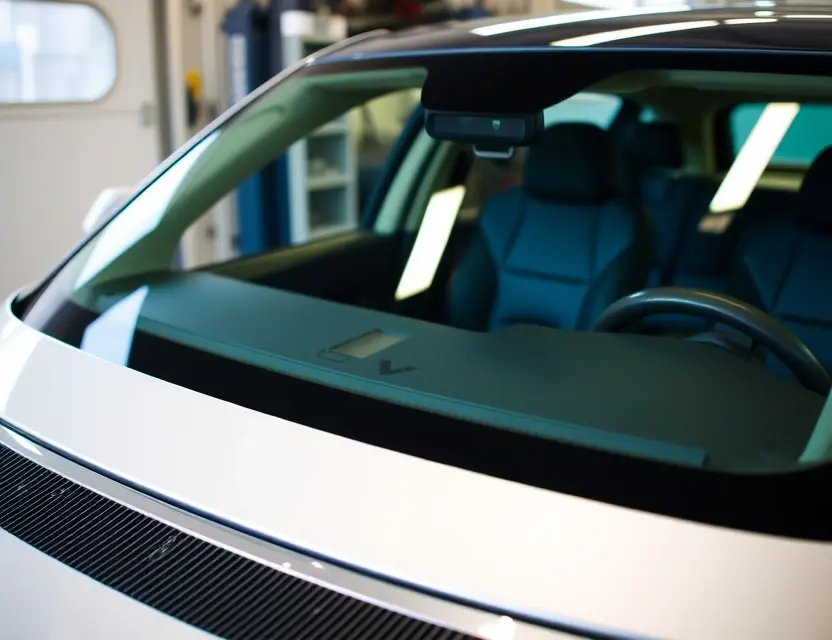 Замена лобового стекла Rivian A Rivian vehicle with a newly installed windshield. The focus is on the windshield and its seamless integration with the vehicle's body. Show the clarity and quality of the new glass. The car should be parked in a clean, well-lit environment, perhaps a service bay or a car dealership.