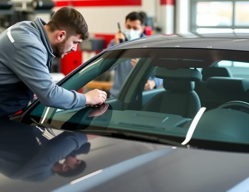 A high-quality image depicting a BMW windshield replacement service. Show a technician working on a BMW car with a partially replaced windshield. Focus on the replacement process, tools, and the car's exterior.