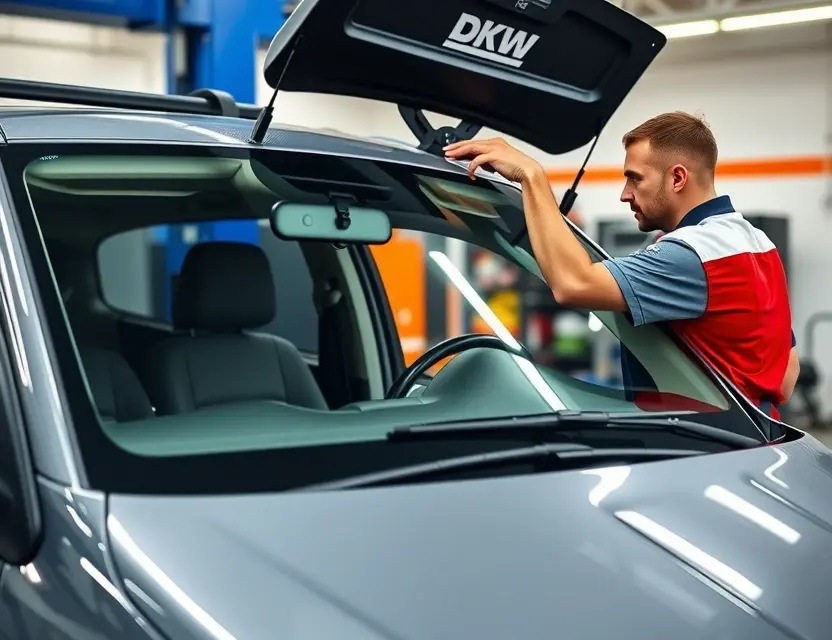 A car being serviced with a technician replacing the windshield of a DKW vehicle, showing professional tools and equipment, clean workshop environment, no text or logos