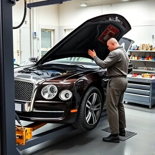 A detailed workshop scene showing a Bentley Mulsanne 2016 with its hood open, a mechanic in a jumpsuit carefully removing the old windshield and installing a new one. The car is on a hydraulic lift, with a clear view of the glass panels, tools, and a neatly organized workbench. The setting is bright and professional, emphasizing the precision of the replacement process.